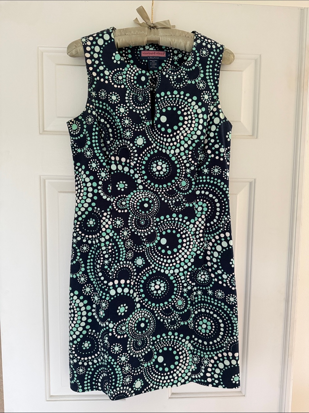 Vineyard Vines Navy Sheath Dress with Mint & White Dot Pattern - Size 4